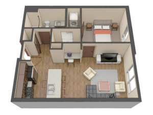 denah rumah 6x12 dengan 3 kamar tidur modern dan ruang keluarga terbuka